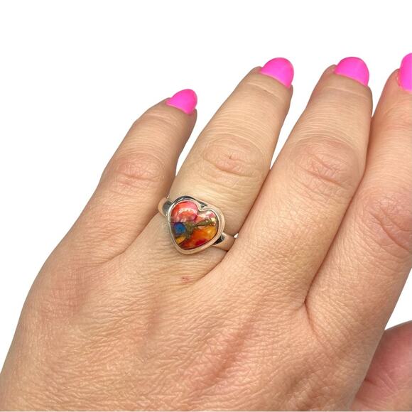 Kingman Pink Dahlia Turquoise Ring Size 6 Solid 925 Sterling Silver Heart Shaped - Picture 3 of 8